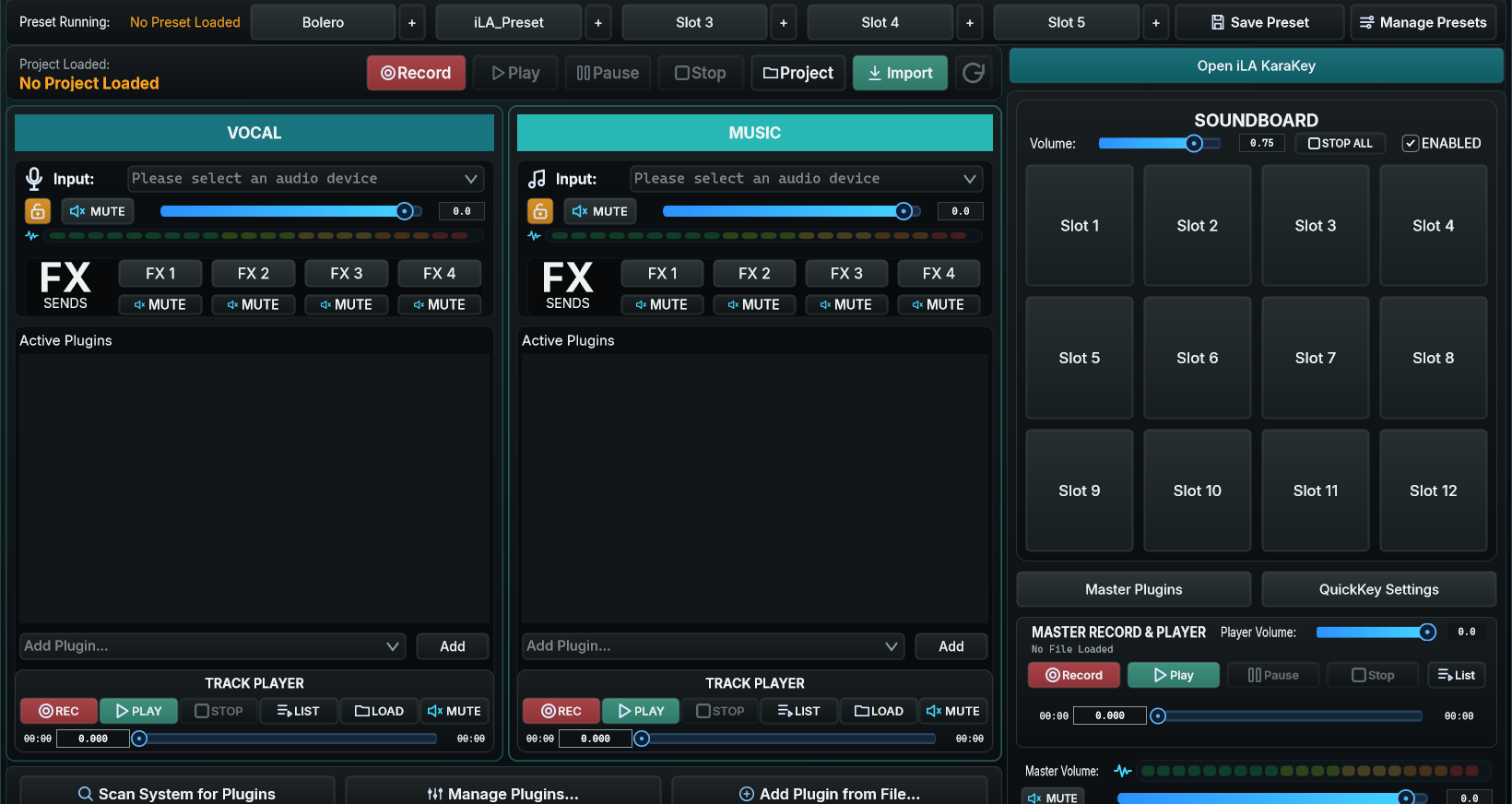 idolLiveAudio Vocal, Music, FX, and Master workspace