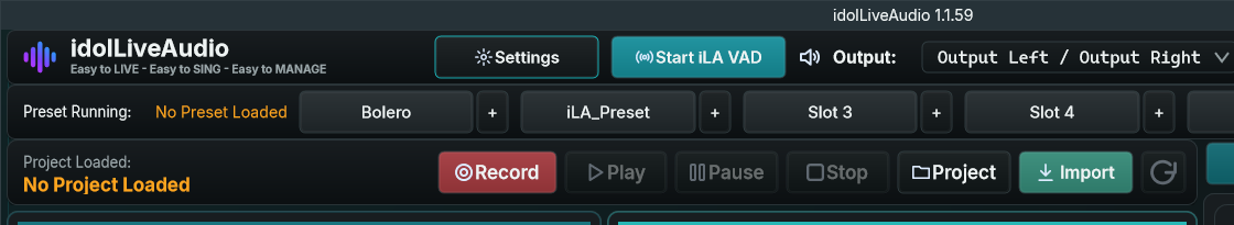 idolLiveAudio top bar with Settings and Start iLA VAD