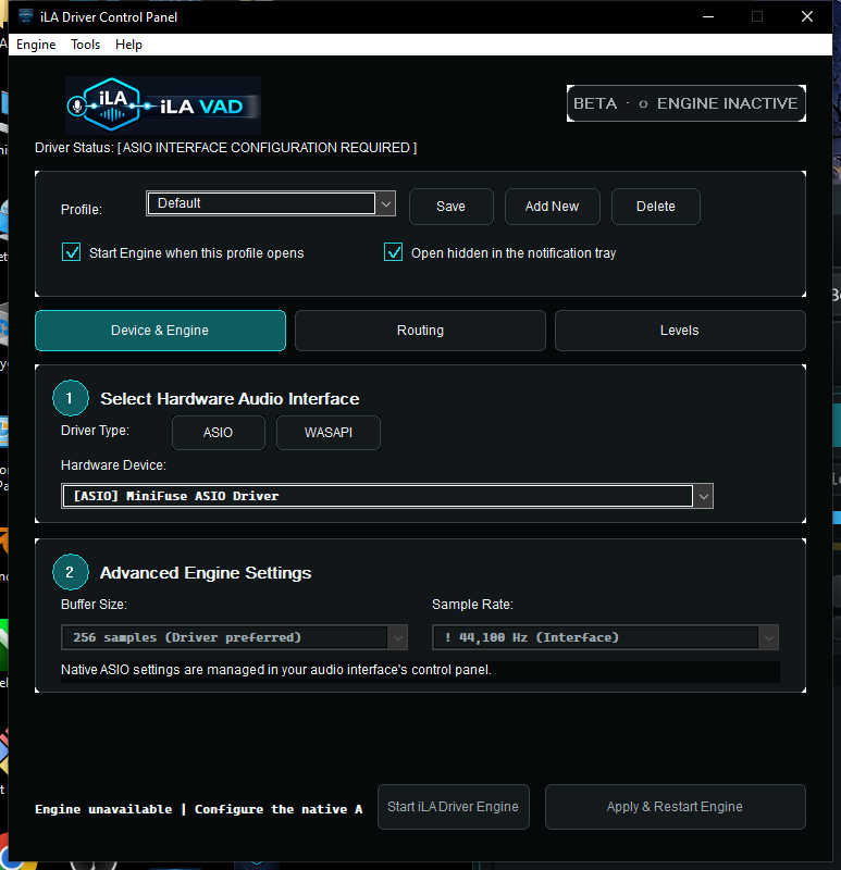 iLA VAD Driver Control Panel showing the current Device and Engine setup